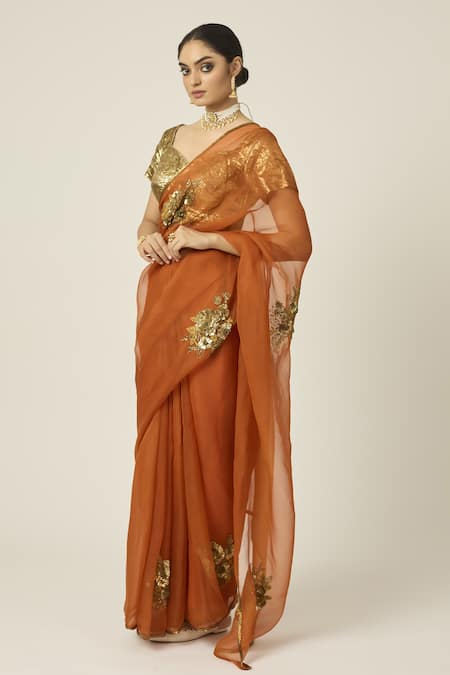 Buy Peeli Dori Orange Silk Organza Sequins, Cut Paro Floral Motif Embroidered Saree With Blouse Online at Aza Fashions Buy_Peeli Dori_Orange Silk Organza Sequins, Cut Paro Floral Motif Embroidered Saree With Blouse _Online_at_Aza_Fashions