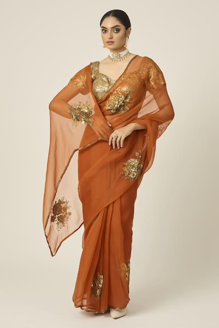 Shop Peeli Dori Orange Silk Organza Sequins, Cut Paro Floral Motif Embroidered Saree With Blouse Online at Aza Fashions Shop_Peeli Dori_Orange Silk Organza Sequins, Cut Paro Floral Motif Embroidered Saree With Blouse _Online_at_Aza_Fashions