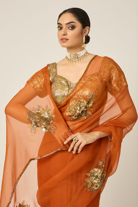 Peeli Dori Orange Silk Organza Sequins, Cut Paro Floral Motif Embroidered Saree With Blouse at Aza Fashions Peeli Dori_Orange Silk Organza Sequins, Cut Paro Floral Motif Embroidered Saree With Blouse _at_Aza_Fashions