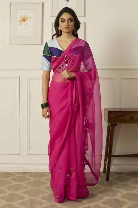 Peeli Dori Pink Silk Organza Embroidered Sequin V Neck Aradhana Saree With Blouse 