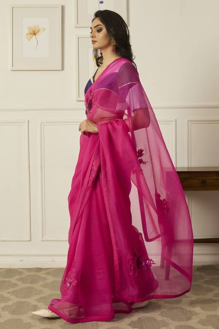Peeli Dori Pink Silk Organza Sequins V-neck Aradhana Embroidered Saree With Blouse Online at Aza Fashions Peeli Dori_Pink Silk Organza Sequins V-neck Aradhana Embroidered Saree With Blouse _Online_at_Aza_Fashions