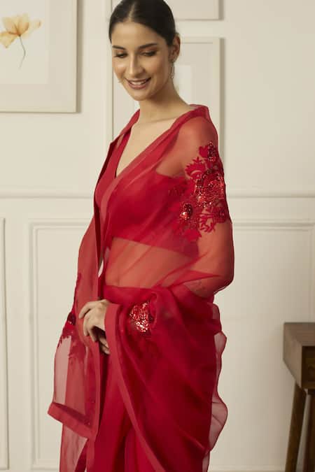 Buy Peeli Dori Red Silk Organza Embroidered Sequin V Aradhana Floral Motif Saree With Blouse Online at Aza Fashions Buy_Peeli Dori_Red Silk Organza Embroidered Sequin V Aradhana Floral Motif Saree With Blouse _Online_at_Aza_Fashions
