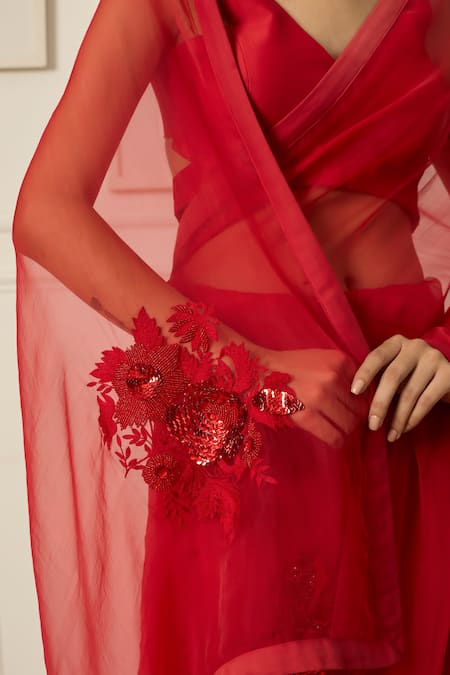 Shop Peeli Dori Red Silk Organza Embroidered Sequin V Aradhana Floral Motif Saree With Blouse Online at Aza Fashions Shop_Peeli Dori_Red Silk Organza Embroidered Sequin V Aradhana Floral Motif Saree With Blouse _Online_at_Aza_Fashions