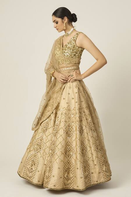Peeli Dori_Gold Chanderi, Organza, Sequins, Riwayat Zari Embroidered Lehenga Set _Online_at_Aza_Fashions