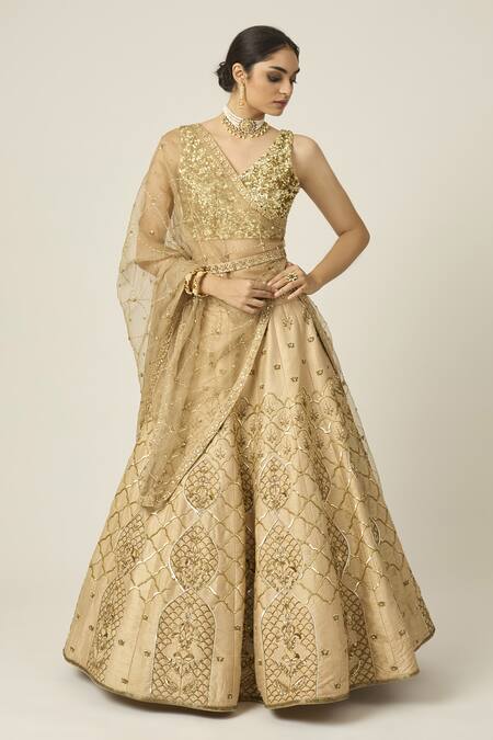Buy_Peeli Dori_Gold Chanderi, Organza, Sequins, Riwayat Zari Embroidered Lehenga Set _Online_at_Aza_Fashions