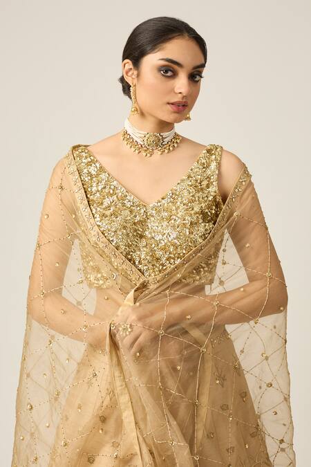 Shop_Peeli Dori_Gold Chanderi, Organza, Sequins, Riwayat Zari Embroidered Lehenga Set _Online_at_Aza_Fashions