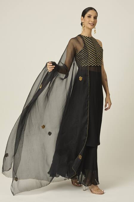 Peeli Dori_Black Georgette, Organza Embroidery Round Neck Tilfi Kurta Sharara Set _Online_at_Aza_Fashions