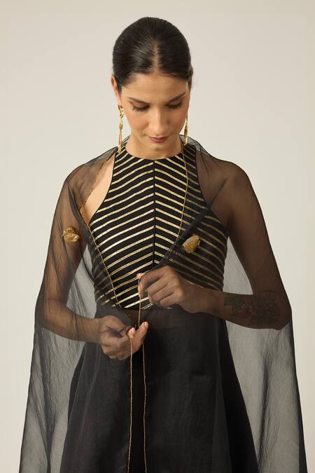 Buy_Peeli Dori_Black Georgette, Organza Embroidery Round Neck Tilfi Kurta Sharara Set _Online_at_Aza_Fashions