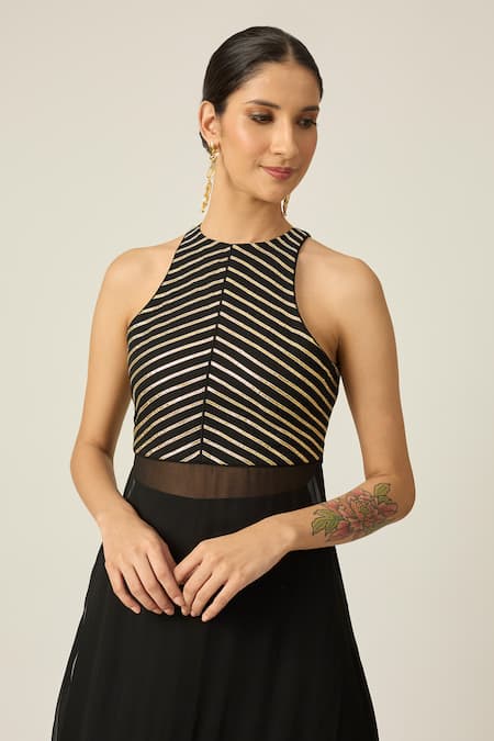 Shop_Peeli Dori_Black Georgette, Organza Embroidery Round Neck Tilfi Kurta Sharara Set _Online_at_Aza_Fashions