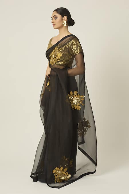 Buy_Peeli Dori_Black Silk Organza Embroidery Sweetheart Neck Aradhana Saree With Blouse _Online_at_Aza_Fashions