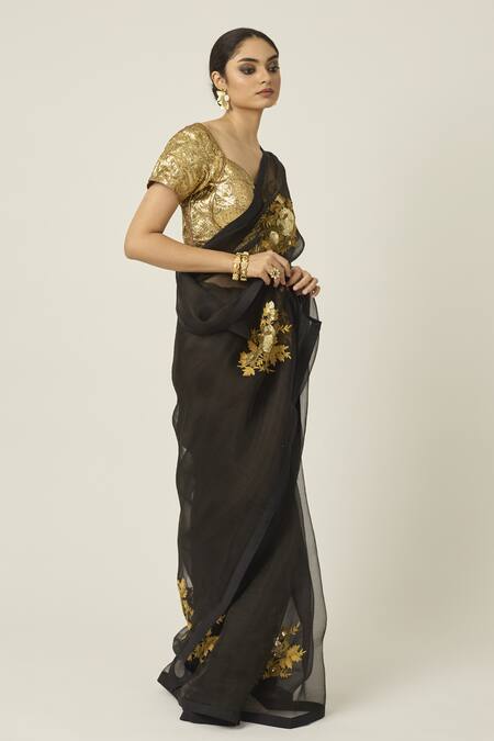 Shop_Peeli Dori_Black Silk Organza Embroidery Sweetheart Neck Aradhana Saree With Blouse _Online_at_Aza_Fashions