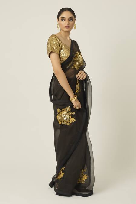 Peeli Dori_Black Silk Organza Embroidery Sweetheart Neck Aradhana Saree With Blouse _at_Aza_Fashions