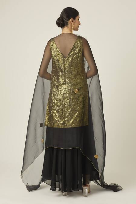 Shop_Peeli Dori_Black Georgette, Organza, Silk Embroidery, Zari Metallic Kurta Sharara Set _Online_at_Aza_Fashions