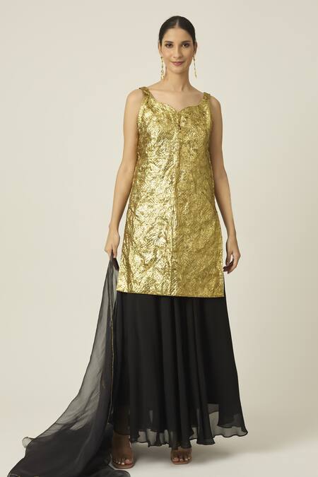 Peeli Dori_Black Georgette, Organza, Silk Embroidery, Zari Metallic Kurta Sharara Set _at_Aza_Fashions