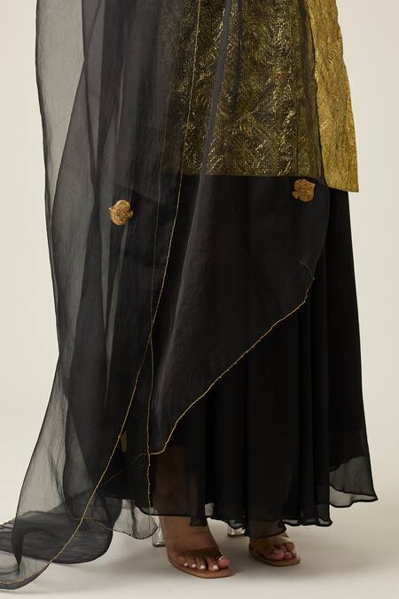 Buy_Peeli Dori_Black Georgette, Organza, Silk Embroidery, Zari Metallic Kurta Sharara Set 