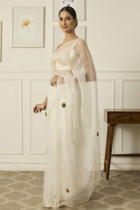 Buy_Peeli Dori_White Silk Organza Zari, Embroidery Sweetheart Neck Ace Saree With Blouse _Online_at_Aza_Fashions