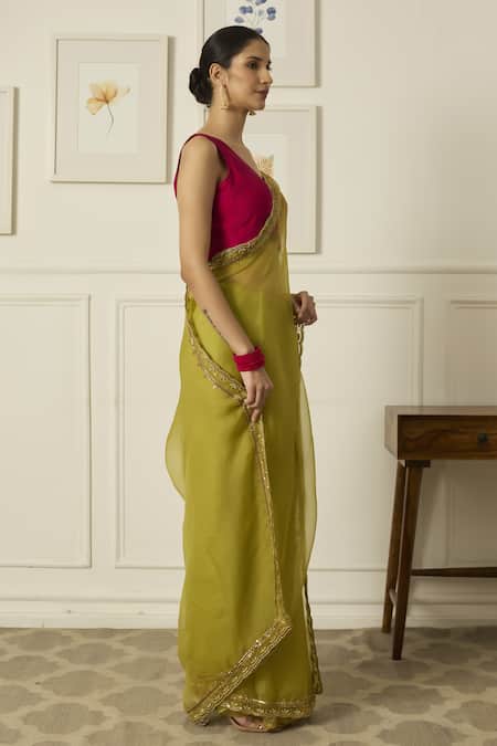 Shop_Peeli Dori_Green Silk Organza Embroidery V-neck Ruqsat Saree With Blouse _Online_at_Aza_Fashions