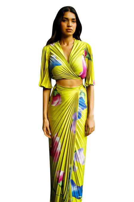 Zwaan Green Satin Savannah Floral Print Wrap Skirt Online at Aza Fashions Zwaan_Green Satin Savannah Floral Print Wrap Skirt _Online_at_Aza_Fashions