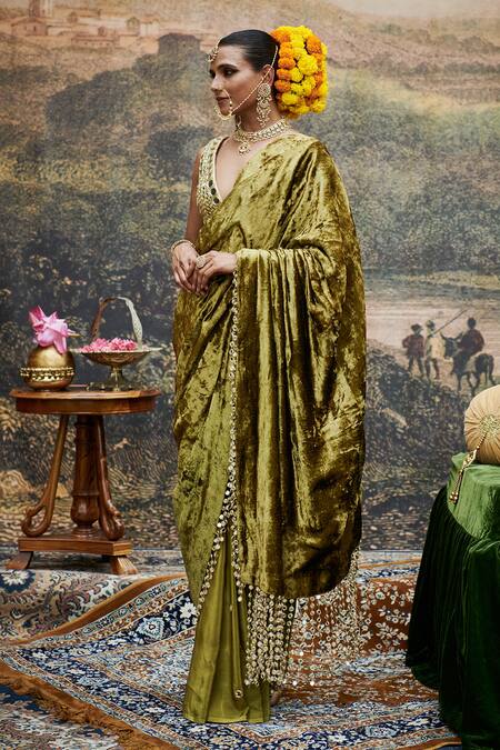 Itrh_Green Velvet, Chanderi, Lurex Tassels, Mirrors Rang-e-mehfil Saree With Blouse _Online_at_Aza_Fashions