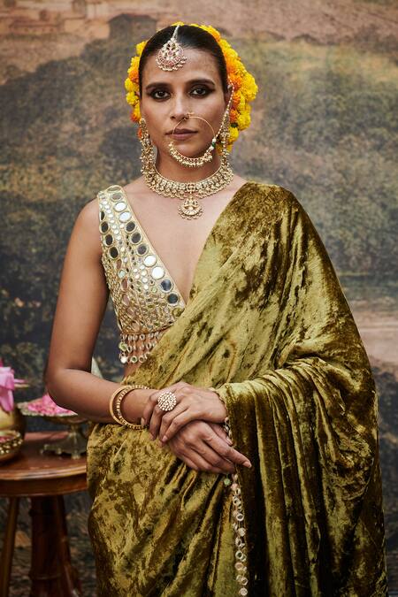 Buy_Itrh_Green Velvet, Chanderi, Lurex Tassels, Mirrors Rang-e-mehfil Saree With Blouse _Online_at_Aza_Fashions