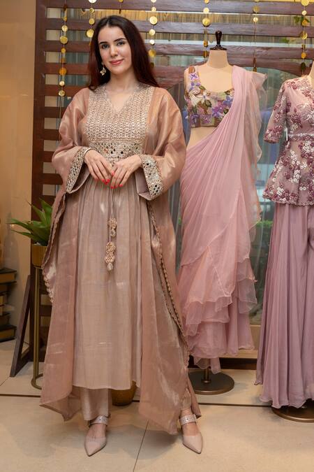 Nikita Vishakha Rose Gold Silk, Tissue Mirrors V-neck Embroidered Kaftan Pant Set at Aza Fashions Nikita Vishakha_Rose Gold Silk, Tissue Mirrors V-neck Embroidered Kaftan Pant Set _at_Aza_Fashions