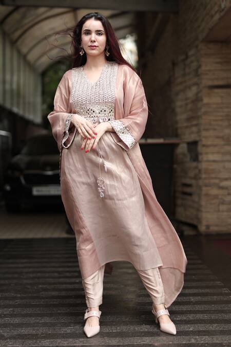 Buy_Nikita Vishakha_Rose Gold Silk, Tissue Mirrors V-neck Embroidered Kaftan Pant Set 