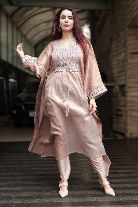 Shop_Nikita Vishakha_Rose Gold Silk, Tissue Mirrors V-neck Embroidered Kaftan Pant Set 
