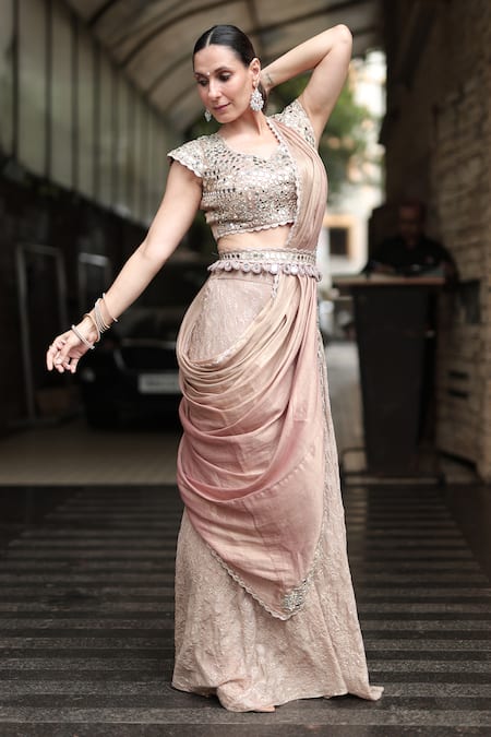 Shop_Nikita Vishakha_Rose Gold Tissue Mirrors, Tassels Embroidered Sharara Set 