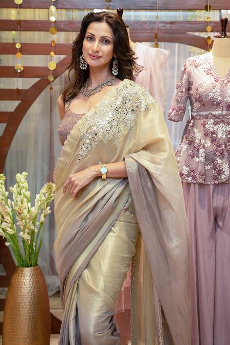 Buy_Nikita Vishakha_Silver Tissue, Jacquard Tassels, Double Hued Embroidered Saree With Blouse 