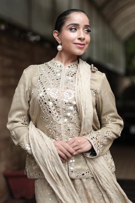Nikita Vishakha_Beige Tissue, Jersey, Jacquard Embroidery, Mirrors Jacket Kurta Skirt Set _at_Aza_Fashions