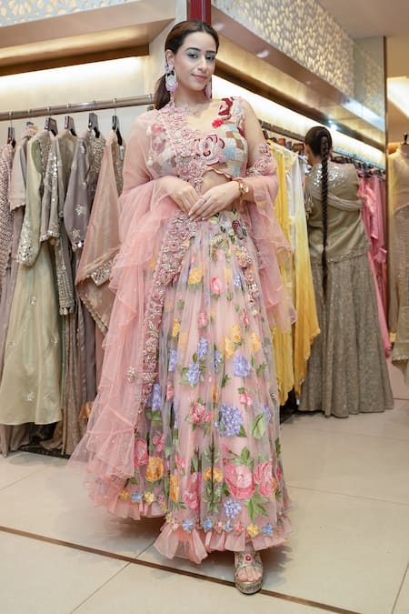 Buy Nikita Vishakha Pink Jacquard, Net Pearls, Embroidery, Fabric Flowers Hand Bridal Lehenga Set Buy_Nikita Vishakha_Pink Jacquard, Net Pearls, Embroidery, Fabric Flowers Hand Bridal Lehenga Set