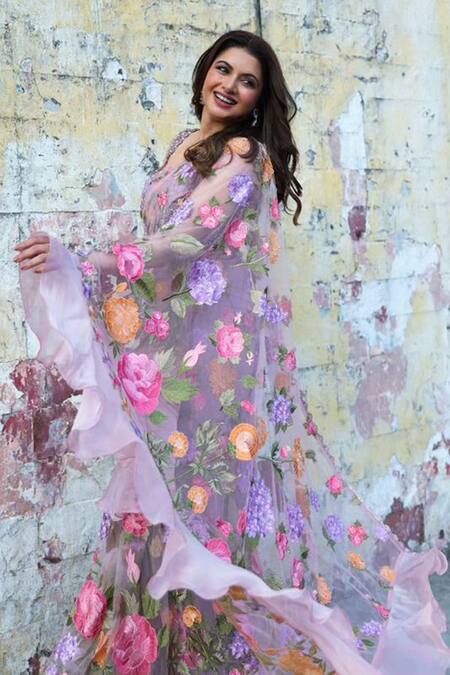 Nikita Vishakha Purple Organza, Jacquard, Net Embroidery V-neck Pre-draped Saree With Blouse at Aza Fashions Nikita Vishakha_Purple Organza, Jacquard, Net Embroidery V-neck Pre-draped Saree With Blouse _at_Aza_Fashions