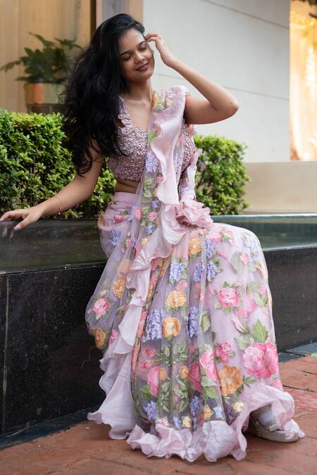 Shop Nikita Vishakha Purple Organza, Jacquard, Net Embroidery V-neck Pre-draped Saree With Blouse Shop_Nikita Vishakha_Purple Organza, Jacquard, Net Embroidery V-neck Pre-draped Saree With Blouse