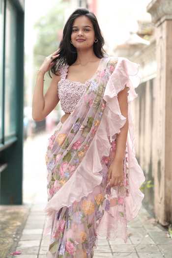 Shop Nikita Vishakha Pink Organza, Jacquard, Net Embroidery V-neck Pre-draped Saree With Blouse Shop_Nikita Vishakha_Pink Organza, Jacquard, Net Embroidery V-neck Pre-draped Saree With Blouse