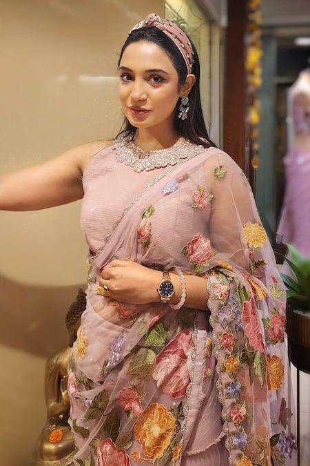 Buy Nikita Vishakha Lilac Net, Georgette Pearls, Zari Scoop Neck Tiered Embroidered Lehenga Saree Buy_Nikita Vishakha_Lilac Net, Georgette Pearls, Zari Scoop Neck Tiered Embroidered Lehenga Saree