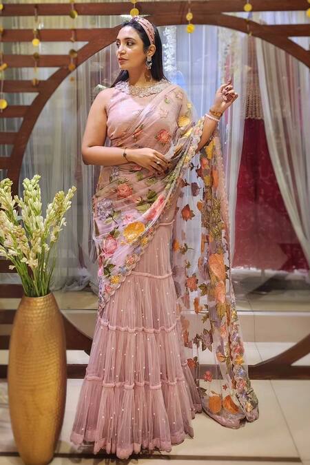 Shop Nikita Vishakha Lilac Net, Georgette Pearls, Zari Scoop Neck Tiered Embroidered Lehenga Saree Shop_Nikita Vishakha_Lilac Net, Georgette Pearls, Zari Scoop Neck Tiered Embroidered Lehenga Saree