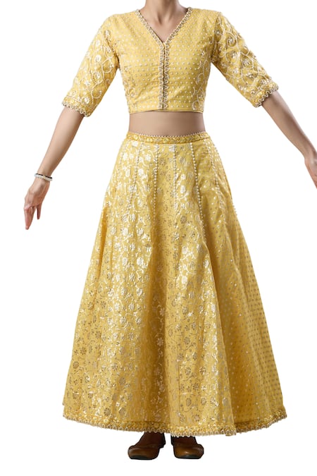 Nitya Bajaj_Yellow Pearls, Embroidery Flower Woven Lehenga Set_Online_at_Aza_Fashions