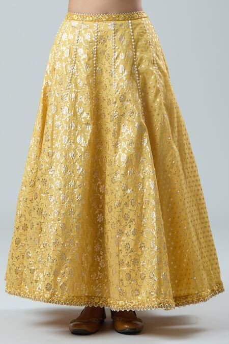 Buy_Nitya Bajaj_Yellow Pearls, Embroidery Flower Woven Lehenga Set_Online_at_Aza_Fashions