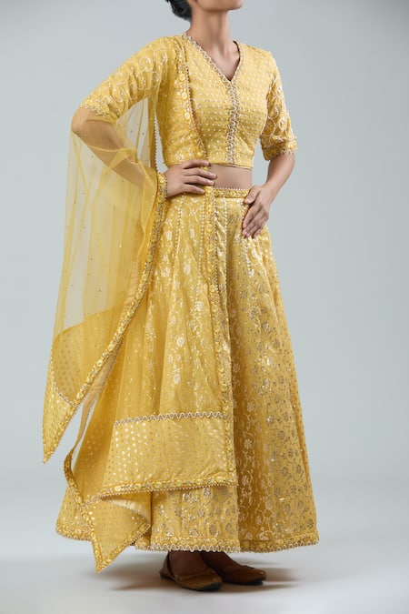 Shop_Nitya Bajaj_Yellow Pearls, Embroidery Flower Woven Lehenga Set_Online_at_Aza_Fashions