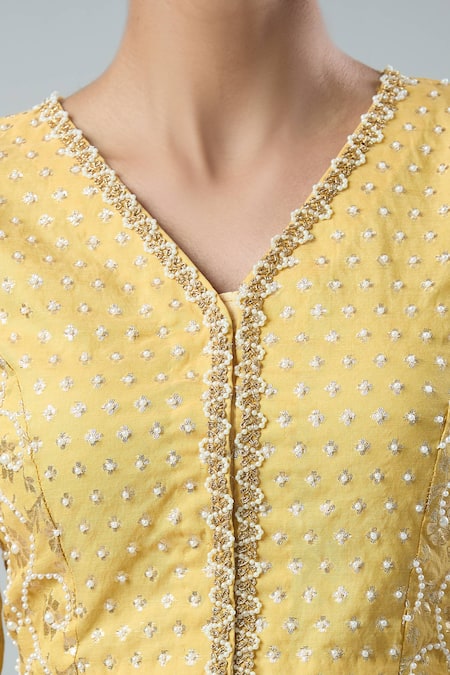 Buy_Nitya Bajaj_Yellow Pearls, Embroidery Flower Woven Lehenga Set
