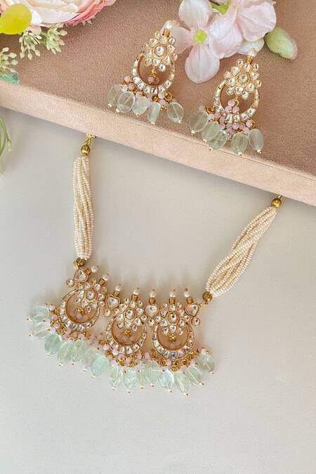 Shop Namasya Green Pearls, Stones Bahar Kundan And Embellished Choker Set at Aza Fashions Shop_Namasya_Green Pearls, Stones Bahar Kundan And Embellished Choker Set_at_Aza_Fashions