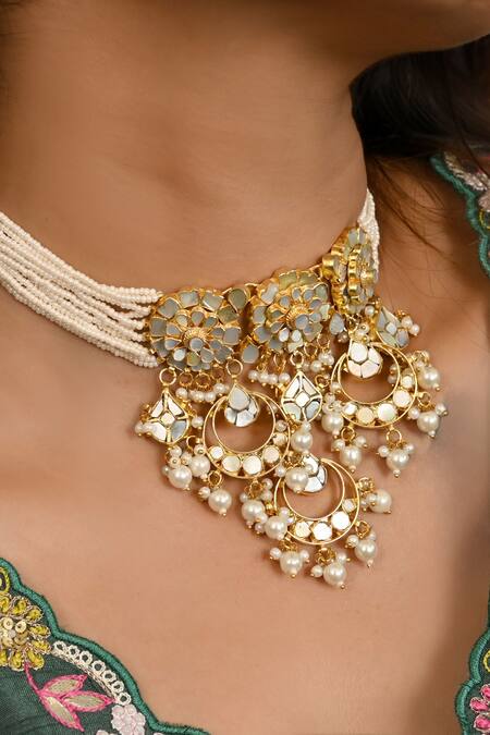 Namasya_White Pearls Noor Mother Of Embellished Choker Set _Online_at_Aza_Fashions