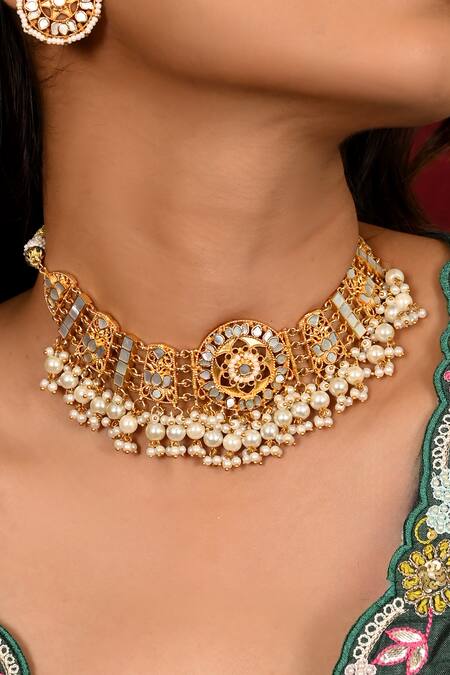 Shop Namasya Gold Plated Pearls Padma Bloom Mother Of Embellished Choker Set at Aza Fashions Shop_Namasya_Gold Plated Pearls Padma Bloom Mother Of Embellished Choker Set_at_Aza_Fashions