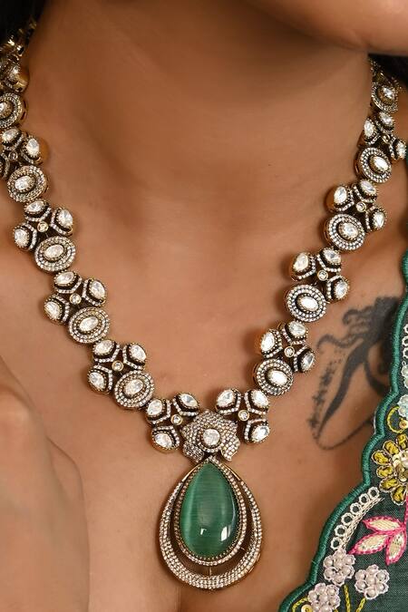 Namasya Green Stones Moissanite Embellished Necklace Set Online at Aza Fashions Namasya_Green Stones Moissanite Embellished Necklace Set_Online_at_Aza_Fashions