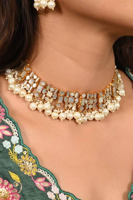 Namasya_White Pearls Geometric Mother Of Embellished Choker Set _Online_at_Aza_Fashions