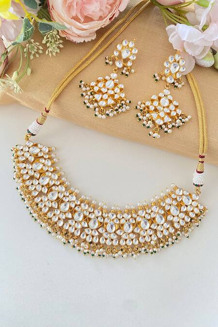Shop Namasya Gold Plated Pearls Kundan Bloom Embellished Choker Set at Aza Fashions Shop_Namasya_Gold Plated Pearls Kundan Bloom Embellished Choker Set_at_Aza_Fashions