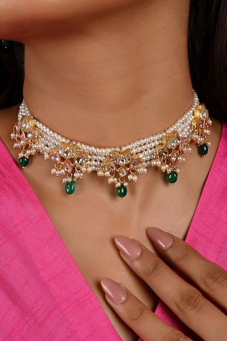 Namasya_Green Pearls Padma Floret Kundan Embellished Choker Set _Online_at_Aza_Fashions