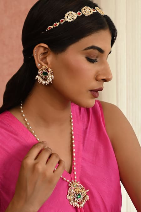 Namasya Pink Kundan Elephanta Embellished Long Necklace Set 