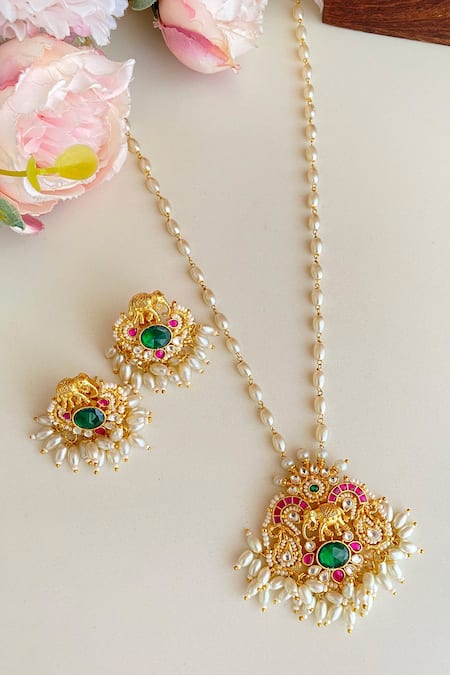 Namasya Elephanta Kundan Embellished Long Necklace Set 