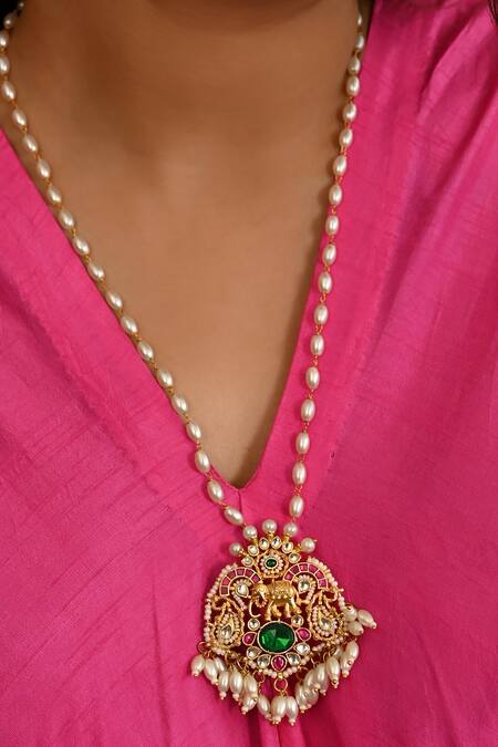 Namasya_Pink Pearls, Diamonds Elephanta Kundan Embellished Long Necklace Set _Online_at_Aza_Fashions